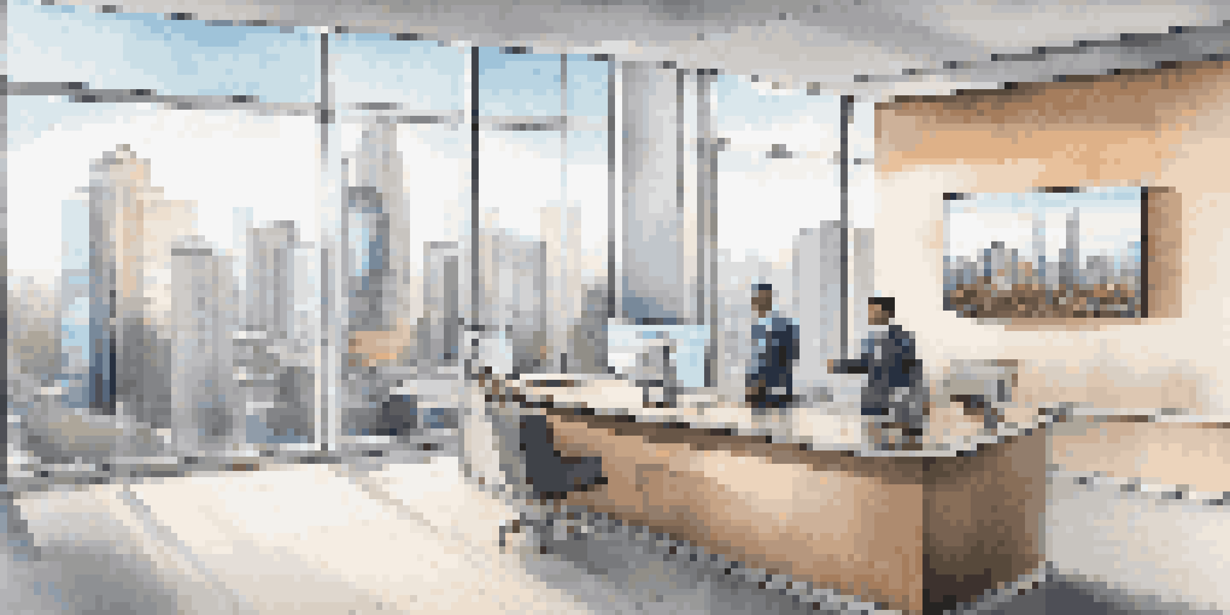 A modern real estate office with a reception desk, digital listings display, and a view of the city through large windows.