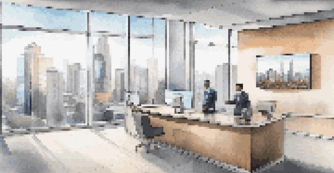 A modern real estate office with a reception desk, digital listings display, and a view of the city through large windows.