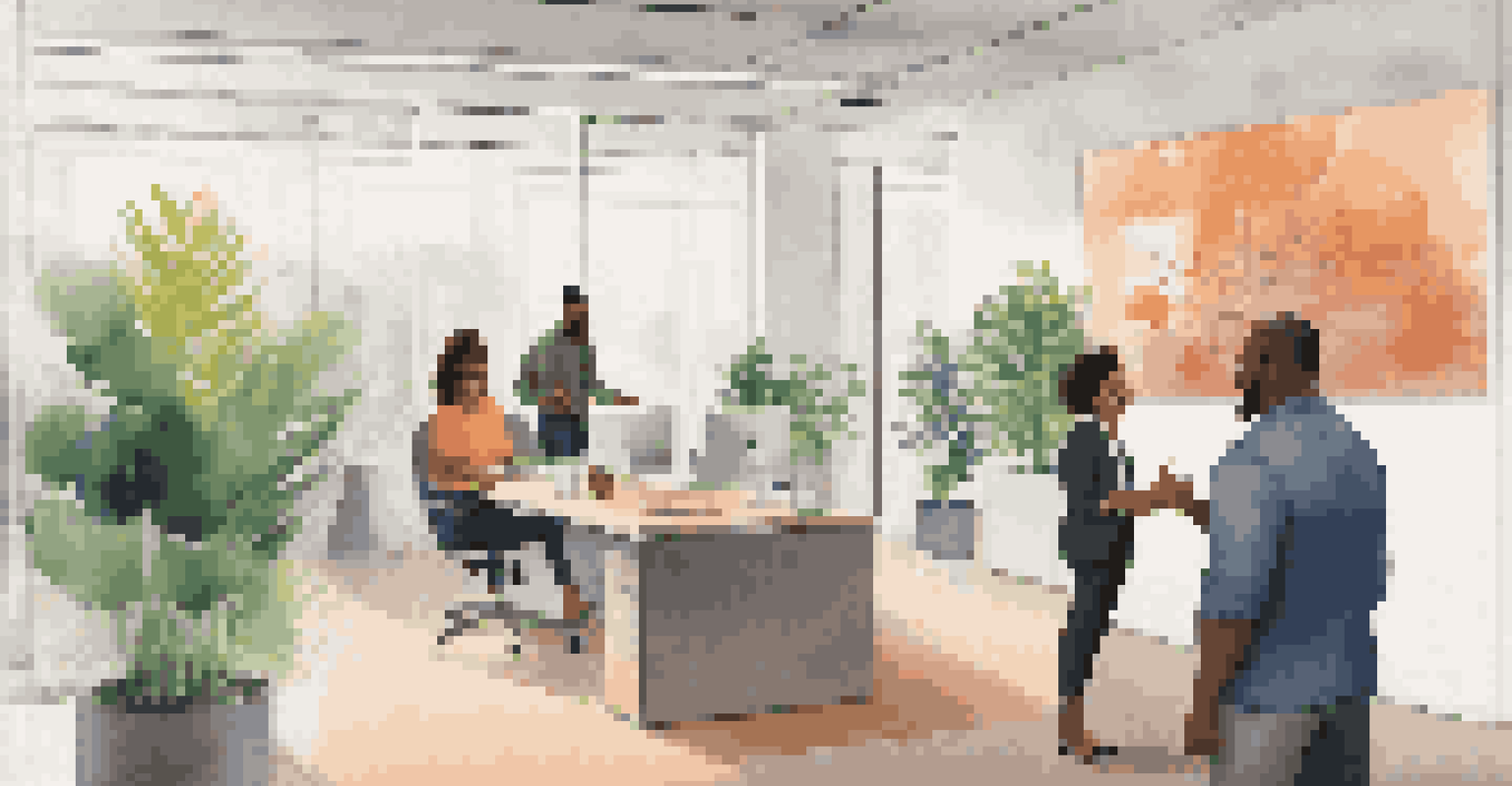 A new employee being welcomed by a mentor in a vibrant office, with a job description displayed on a digital screen.