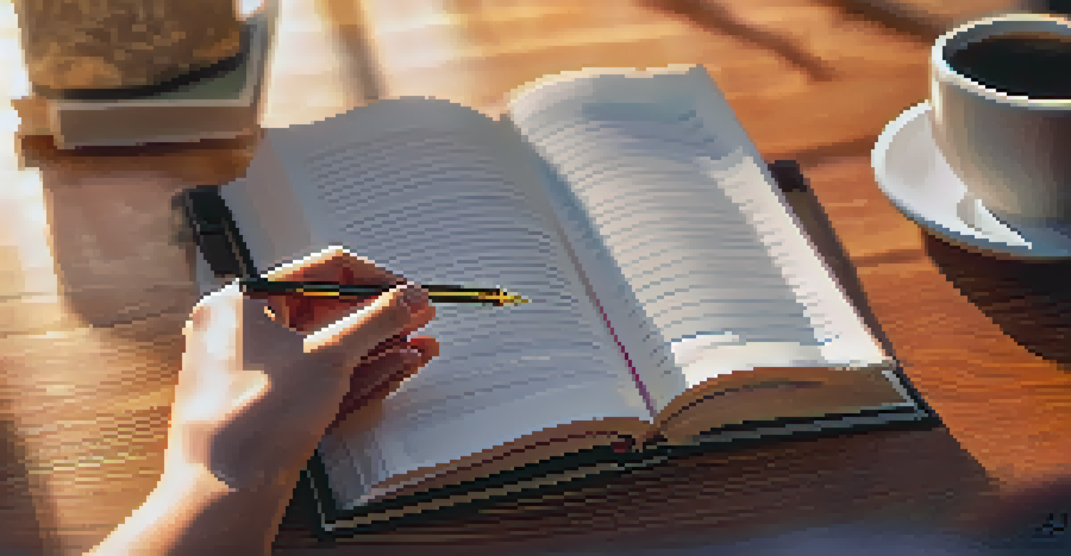 Close-up of hands holding a gratitude journal with a pen, in a cozy living room setting with warm lighting.