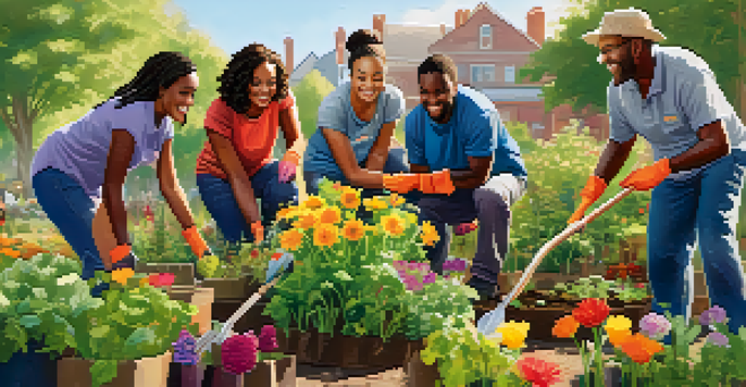 A diverse group of volunteers planting flowers and vegetables in a community garden, smiling and working together under warm sunlight.