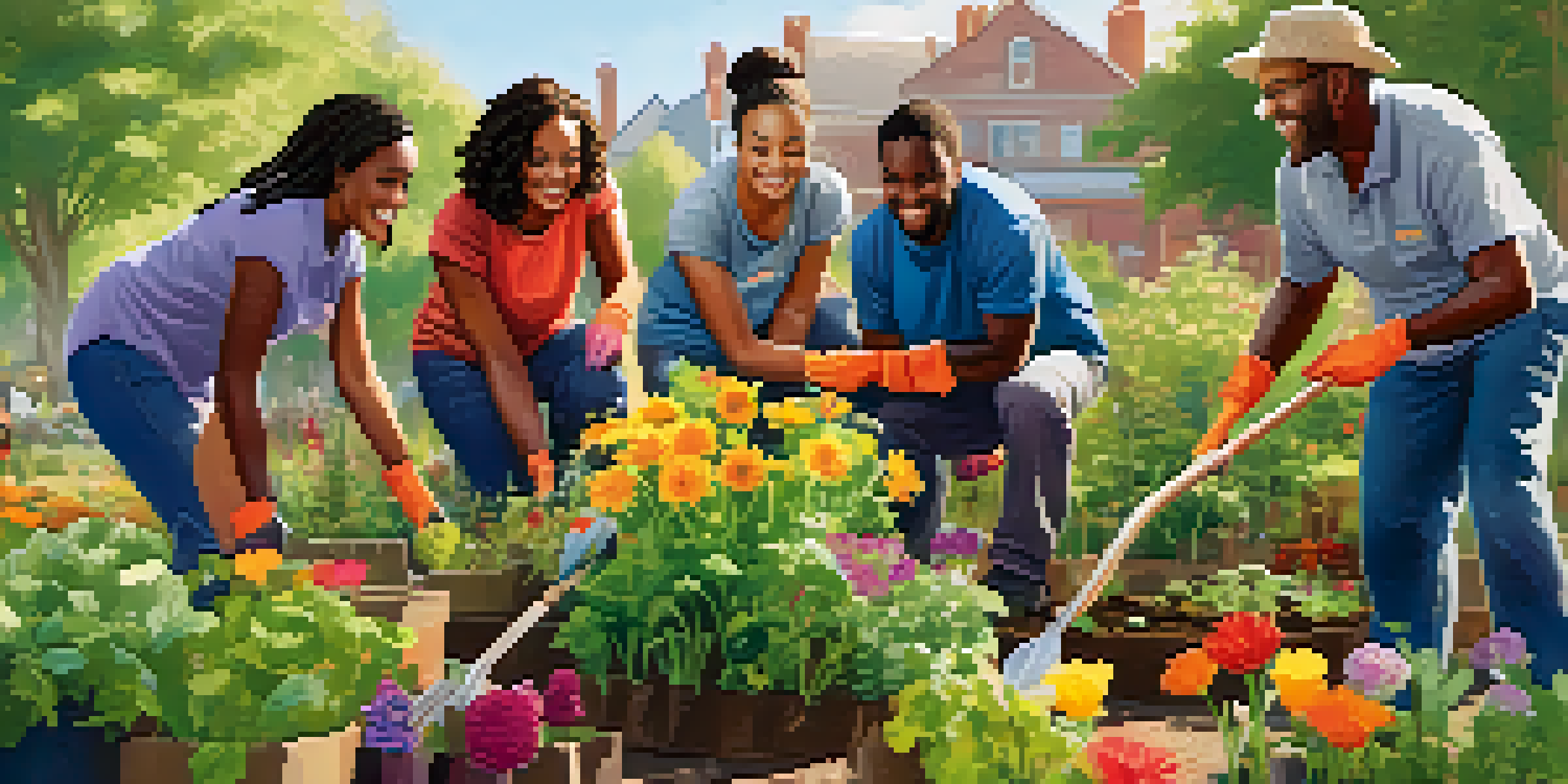 A diverse group of volunteers planting flowers and vegetables in a community garden, smiling and working together under warm sunlight.