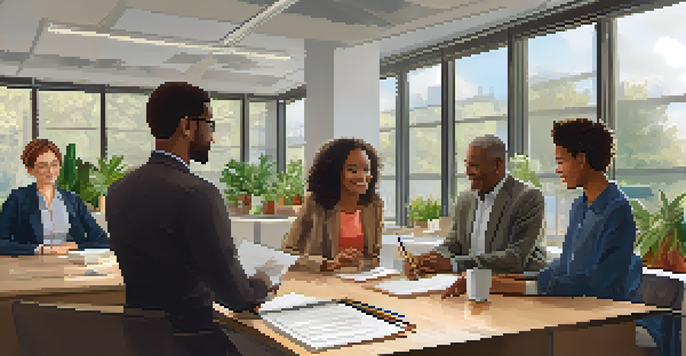 A diverse group of professionals in a bright office discussing mentorship, with plants and artwork in the background.