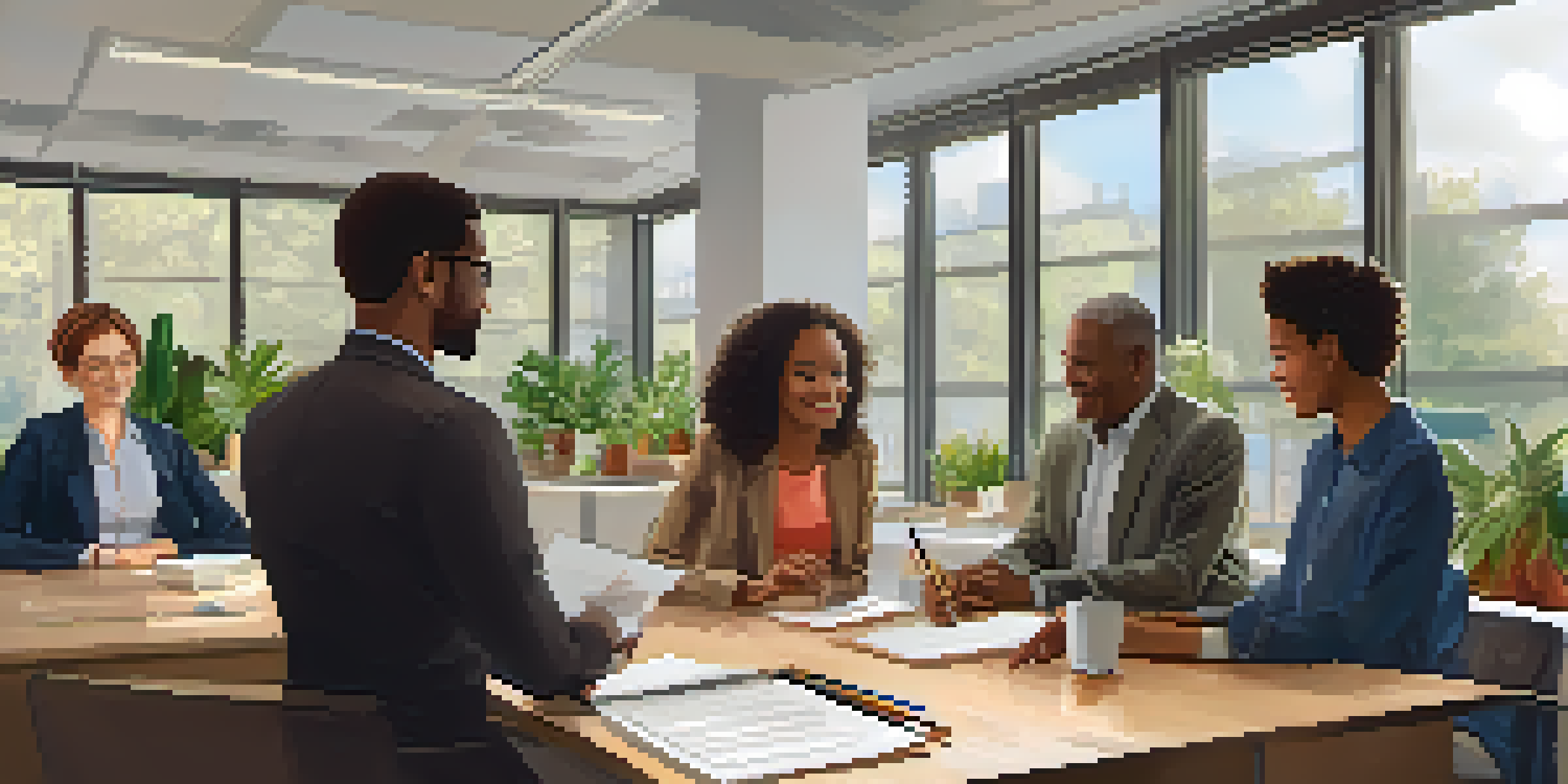 A diverse group of professionals in a bright office discussing mentorship, with plants and artwork in the background.