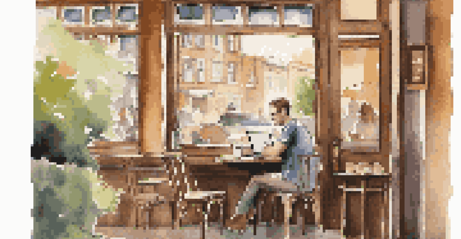 A person working on a laptop at a cozy café, enjoying coffee and observing the busy street outside.