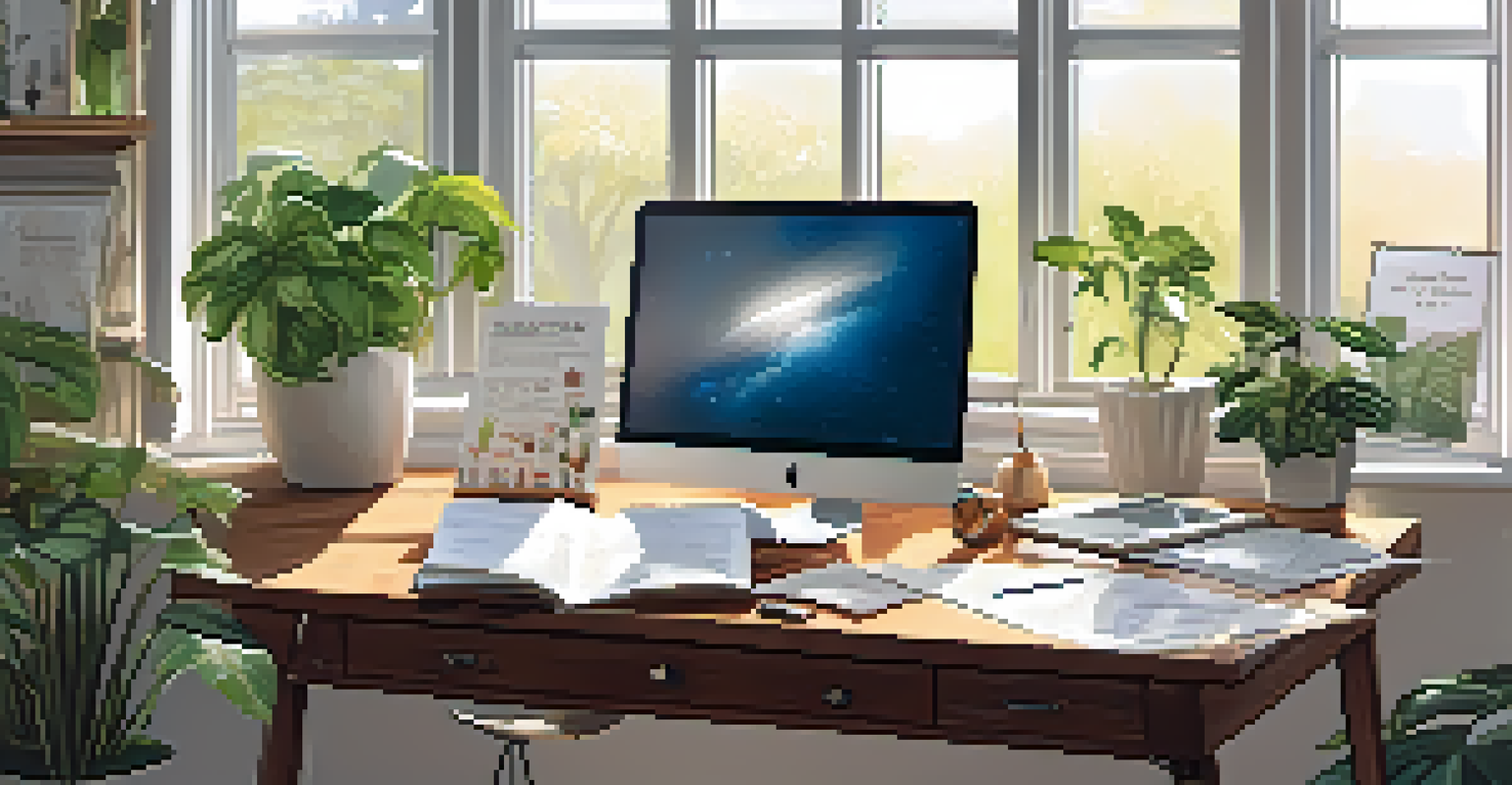 A cozy workspace with a vision board, laptop, and sunlight streaming through a window, creating a warm atmosphere.