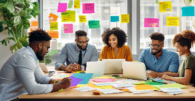 A diverse group of employees collaborating in a bright office space, surrounded by sticky notes and technology.