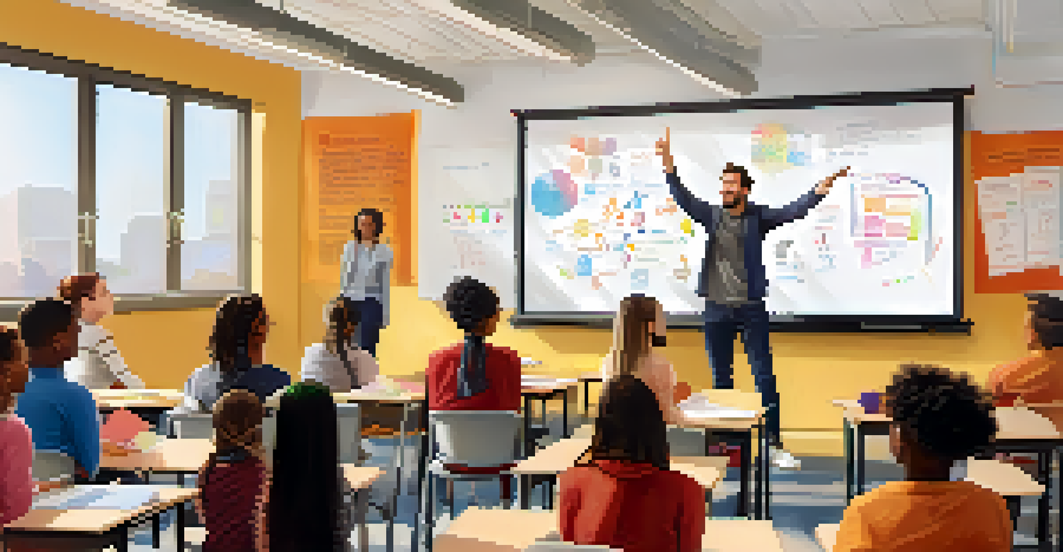 An instructor in a bright classroom explaining concepts to engaged students, with a whiteboard displaying colorful diagrams and inspirational quotes.