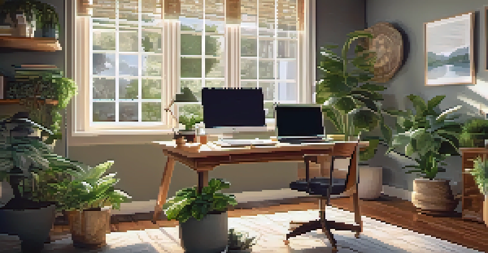 A well-lit home office with a wooden desk, laptop, houseplants, and a cup of coffee, creating a cozy atmosphere.