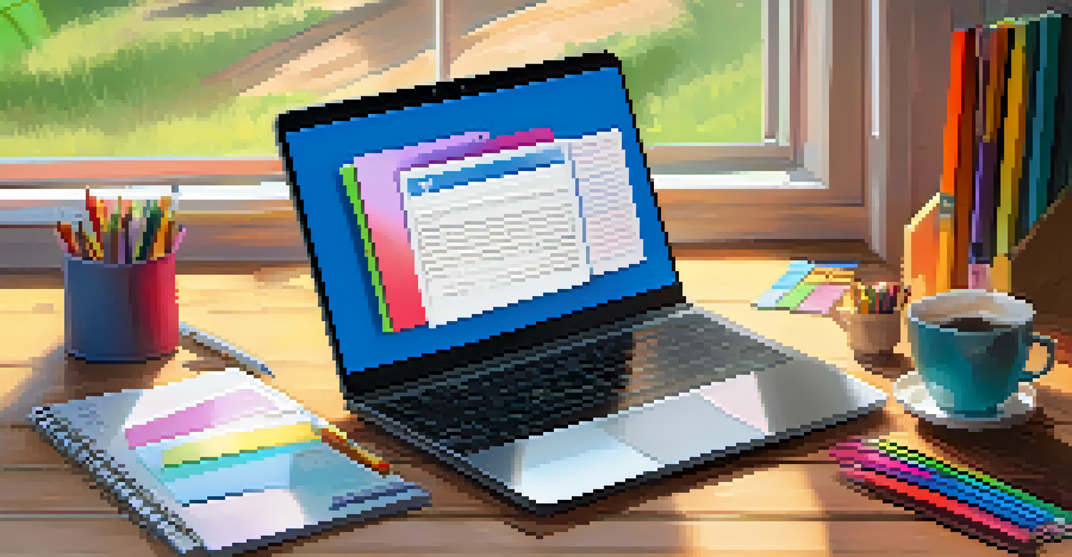 An open laptop on a wooden desk with stationery and a coffee cup, showcasing an online learning platform.