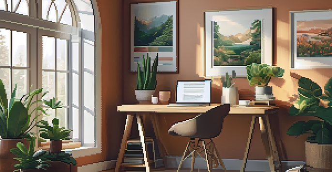 A warm and inviting home office with a wooden desk, laptop, house plants, and soft natural light.