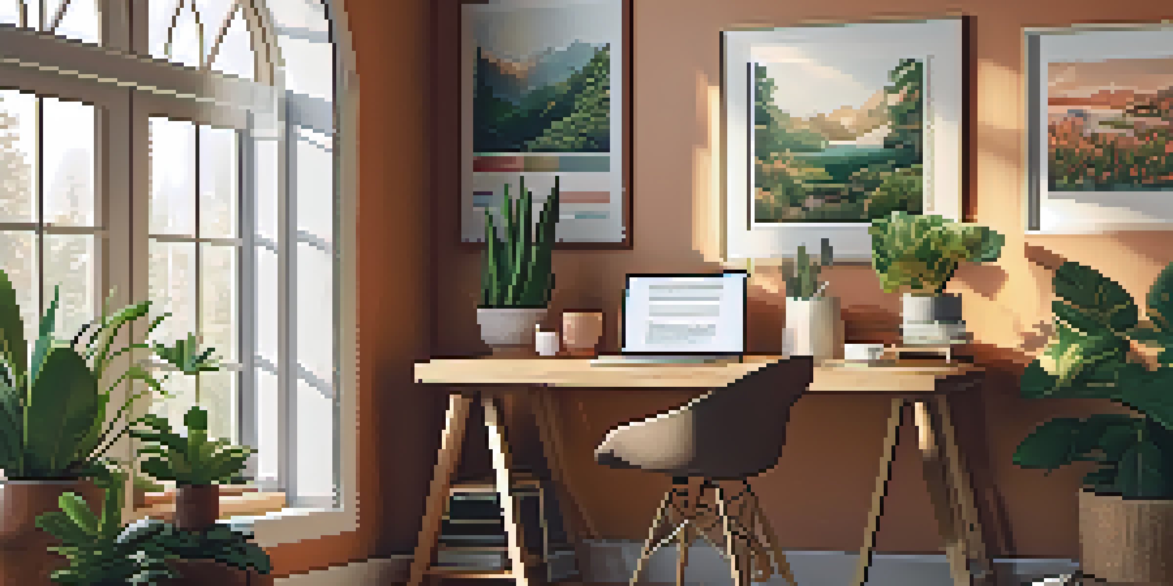 A warm and inviting home office with a wooden desk, laptop, house plants, and soft natural light.