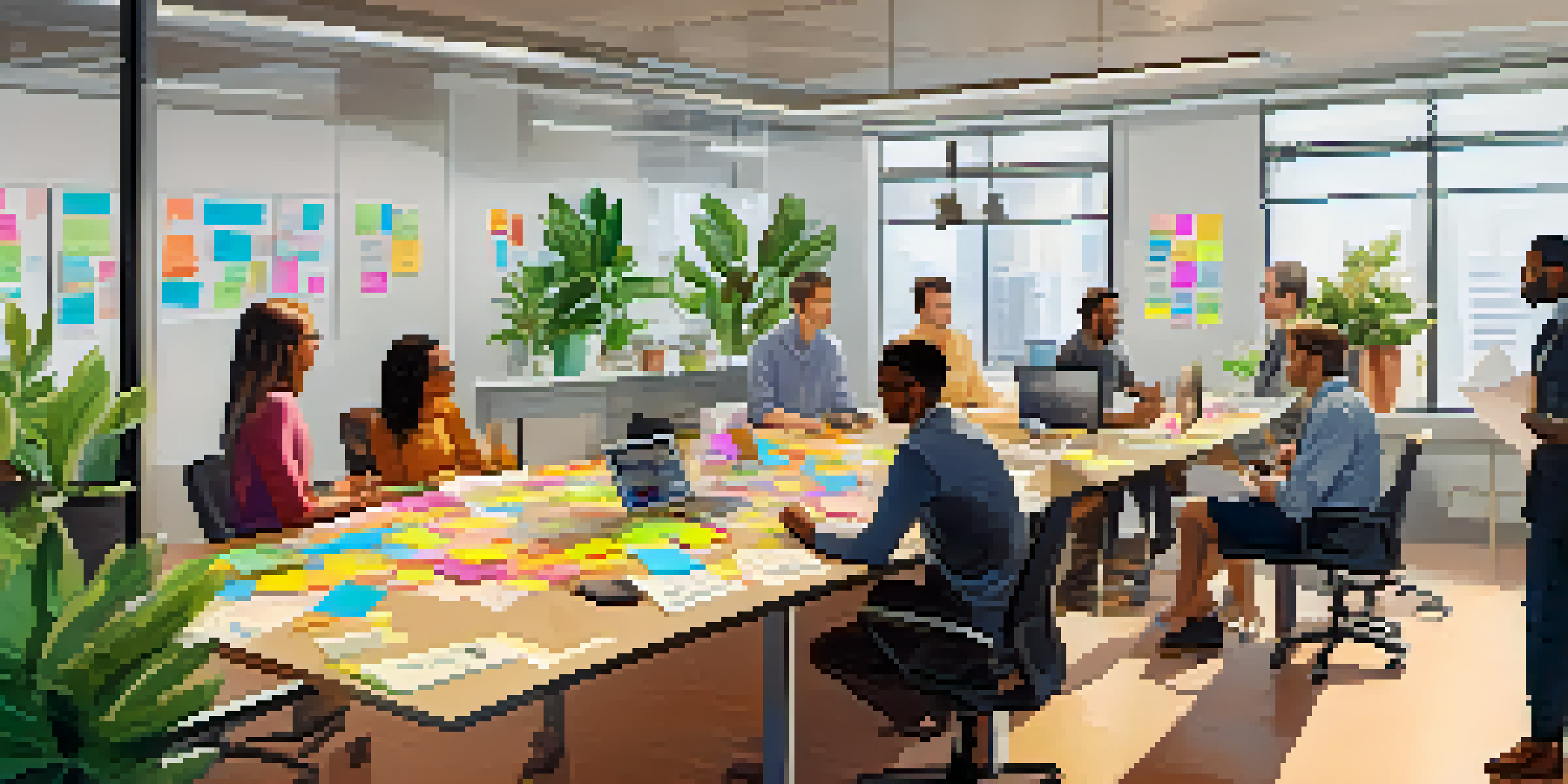 A diverse group of employees collaborating in a brainstorming session at a modern office conference table, surrounded by plants and artwork.