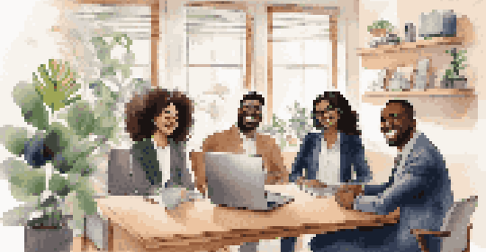 A diverse group of people having a video call in a cozy home office, showcasing a professional yet warm atmosphere.
