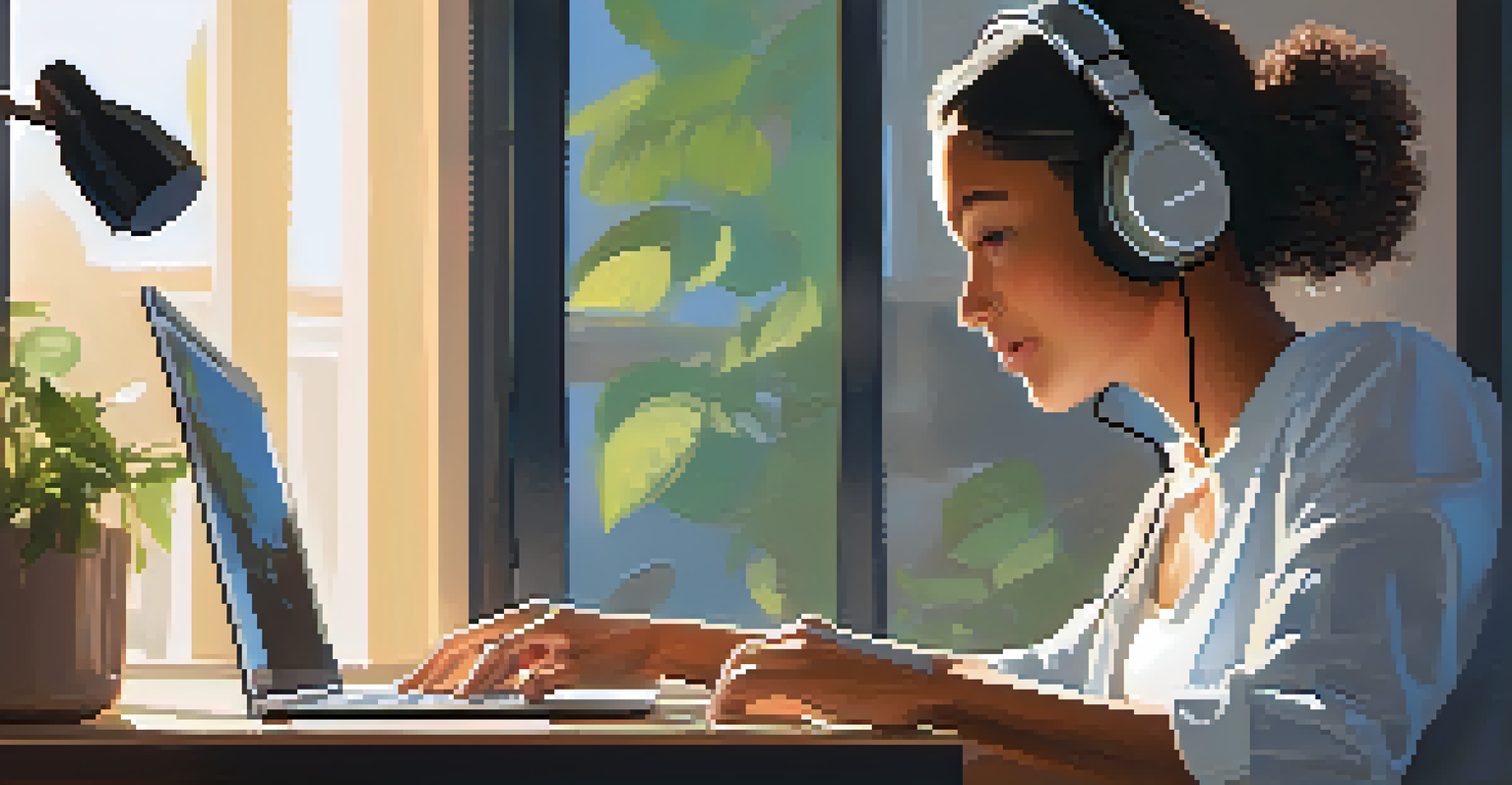 A person attentively listening to a virtual meeting on their laptop, with headphones on and a bright, organized home office in the background.