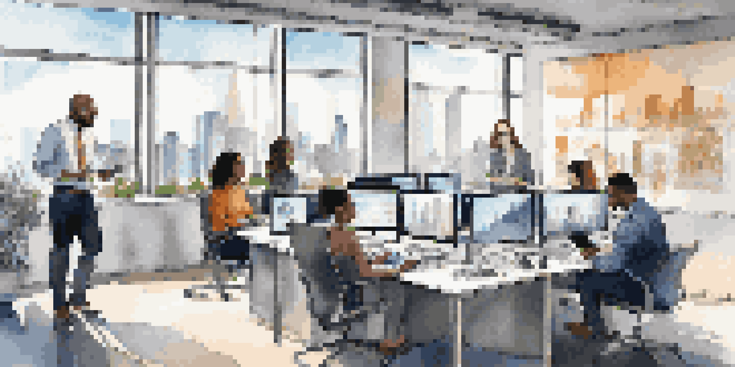 A group of diverse professionals collaborating in a modern office, using digital devices and engaged in a video conference.