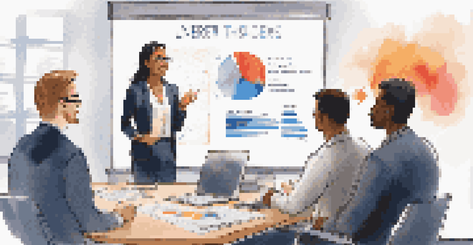 An intern presenting confidently in front of a team during a meeting, with a colorful infographic projected on the wall.