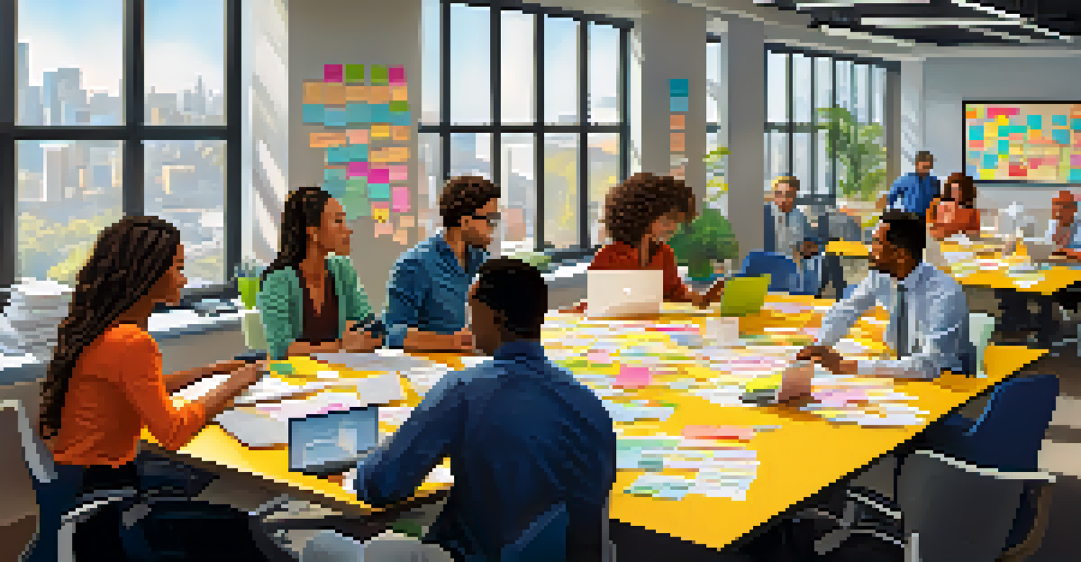 A diverse group of employees working together in a bright office, discussing ideas at a large table with colorful notes around them.