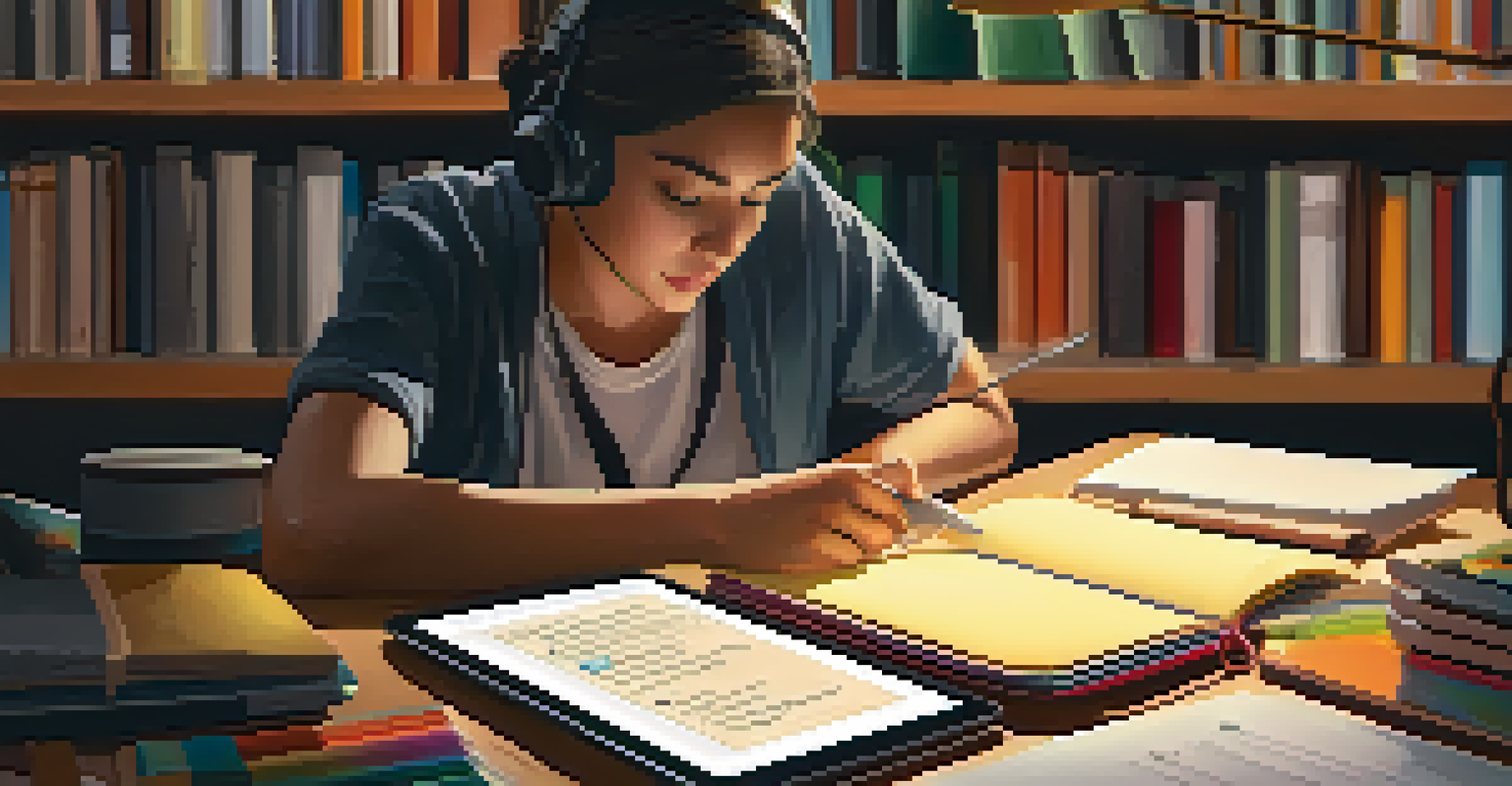A person studying on a tablet with notebooks and stationery around them.