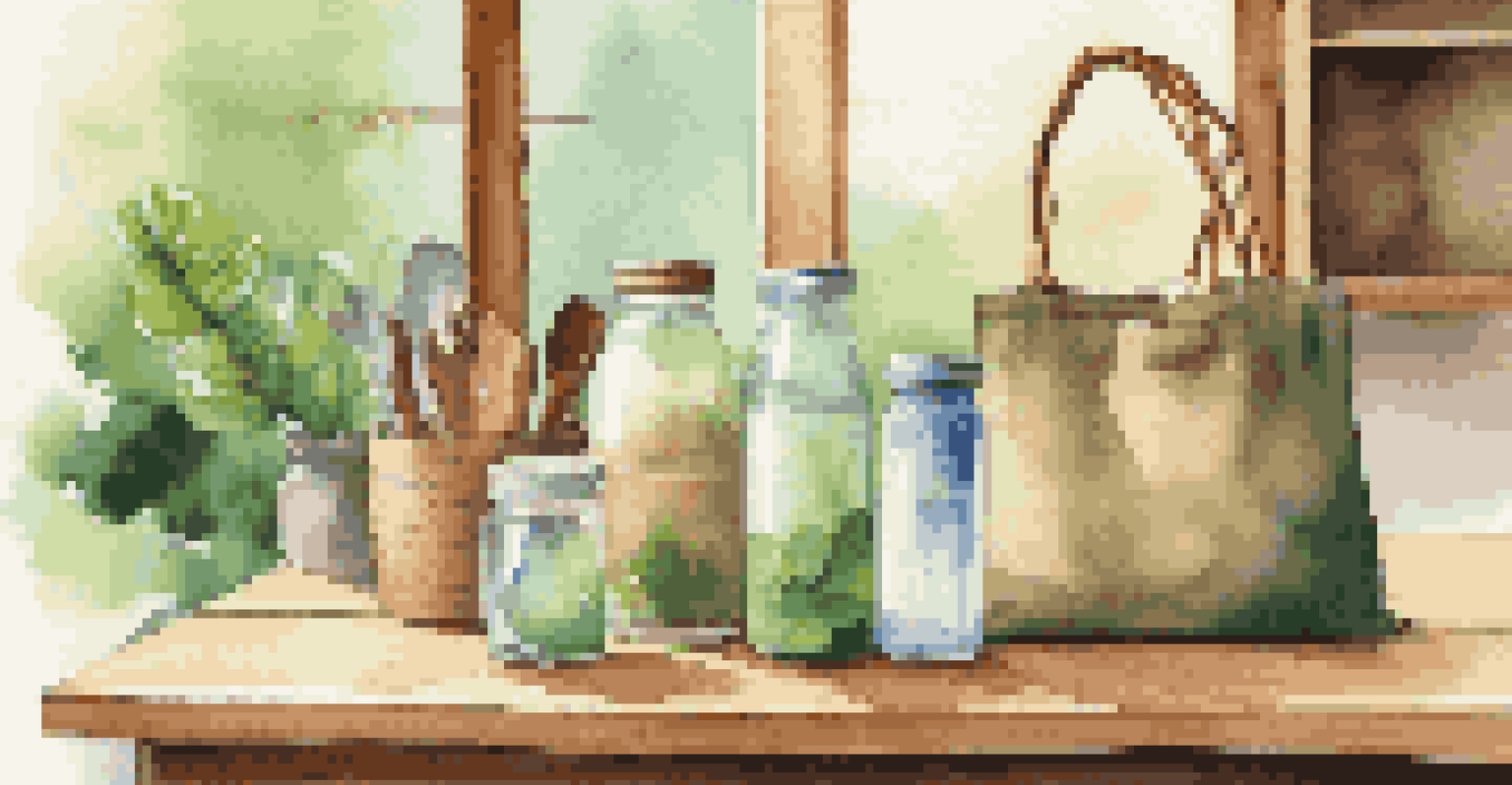 Close-up of eco-friendly products including reusable bags and bamboo utensils on a wooden table, surrounded by greenery.