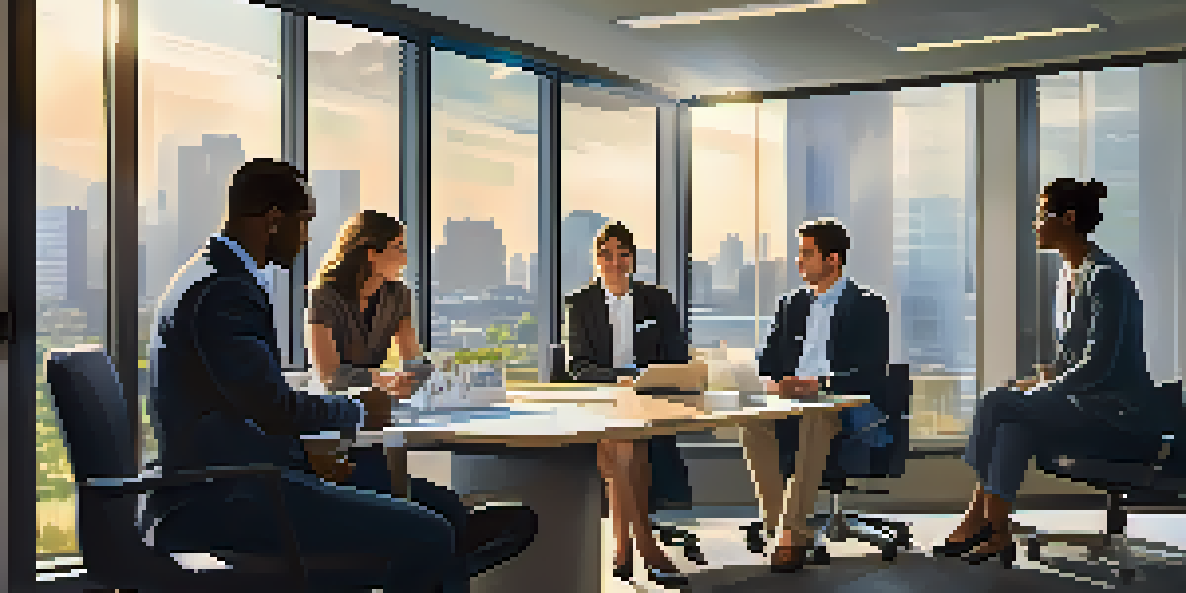 A diverse group of professionals in a bright office discussing ideas, showcasing collaboration and engagement.