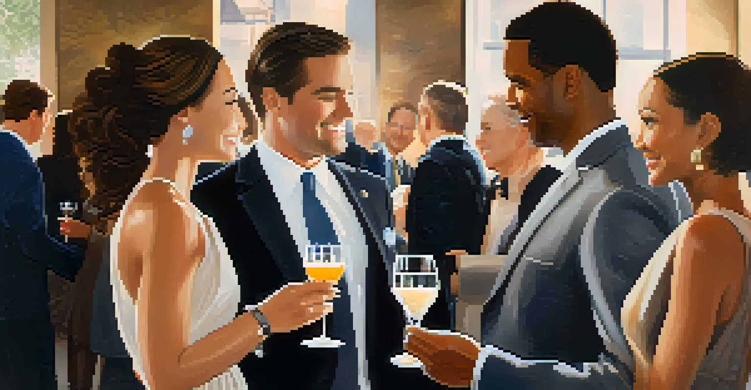 A diverse group of professionals networking at an elegant event, engaged in conversation with drinks.