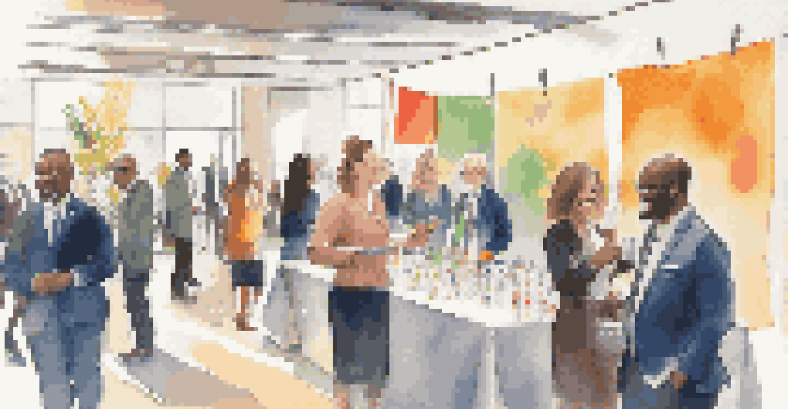 A lively networking event with professionals talking and exchanging business cards in a modern setting.