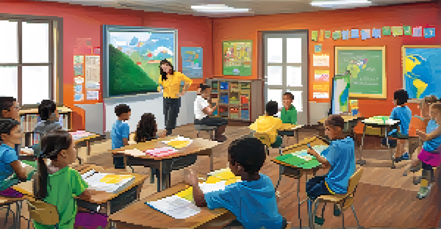 A local business owner teaching young students essential skills in a colorful classroom setting, emphasizing education and community involvement.
