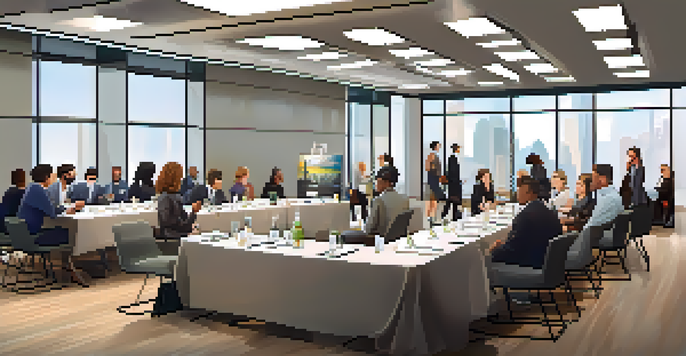 A diverse group of professionals networking in a modern conference room, engaged in conversations with natural light streaming through large windows.