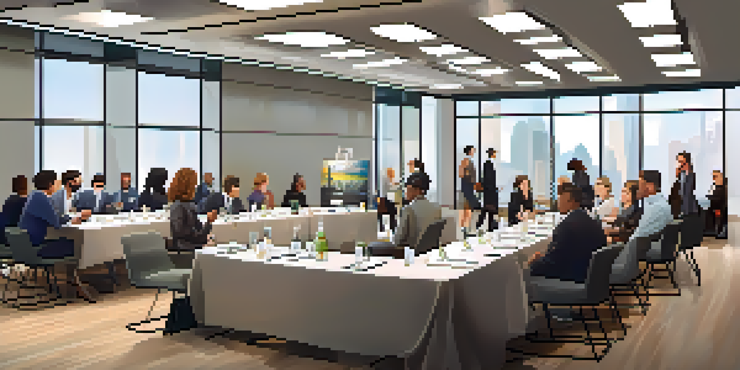 A diverse group of professionals networking in a modern conference room, engaged in conversations with natural light streaming through large windows.