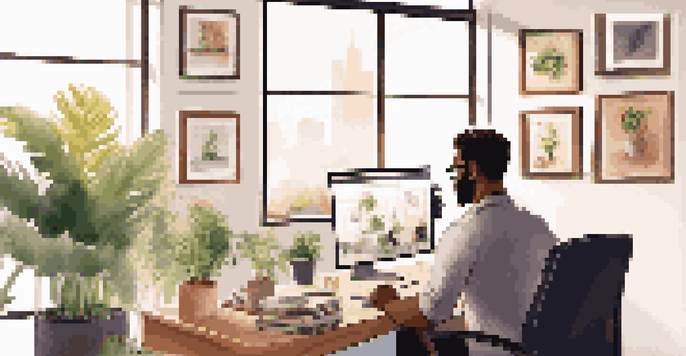 A career coach in a modern office, having a video call with a client, surrounded by plants and motivational posters.