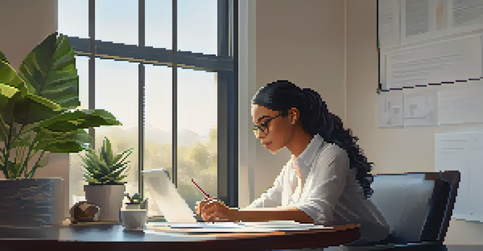 A professional woman writing her personal brand statement at a modern desk with a laptop and a potted plant, illuminated by natural light.