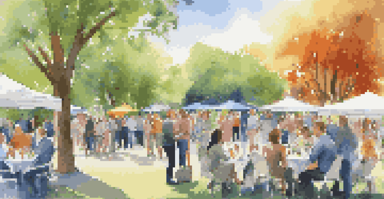 A lively outdoor networking event in a park with professionals talking and enjoying refreshments under a bright blue sky.
