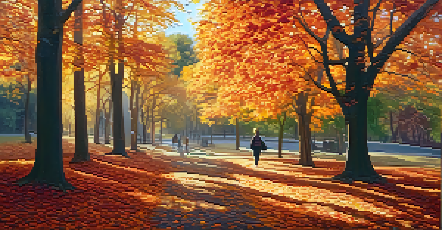 A person walking mindfully in an autumn park, surrounded by colorful leaves and dappled sunlight.