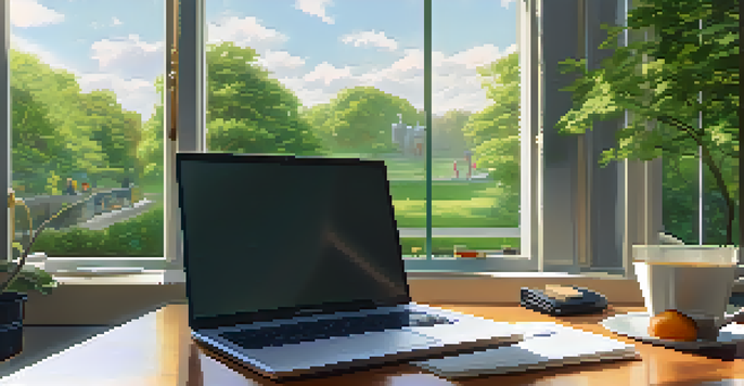A peaceful office with a desk, laptop, coffee cup, and a view of a park through large windows.