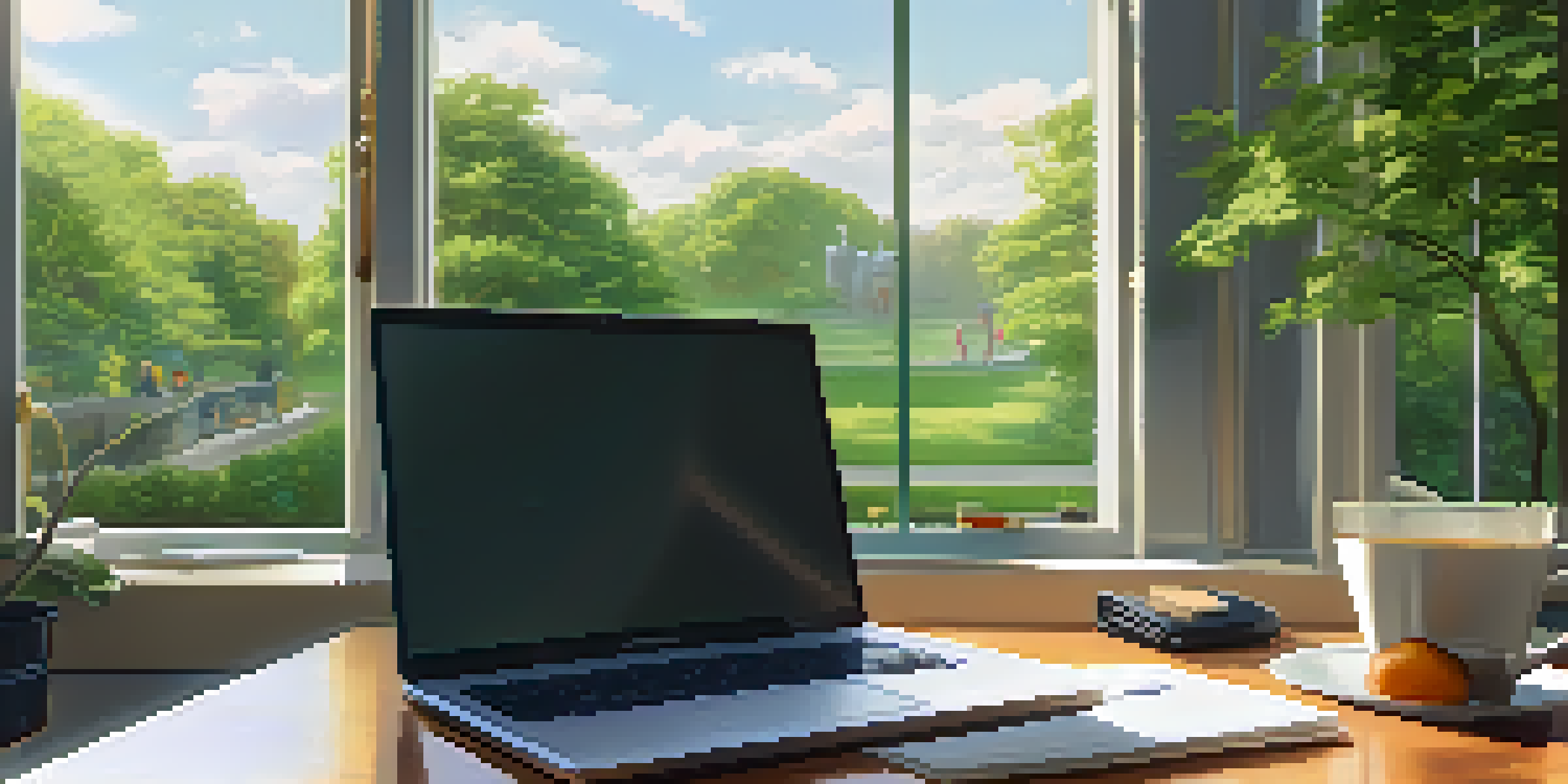 A peaceful office with a desk, laptop, coffee cup, and a view of a park through large windows.