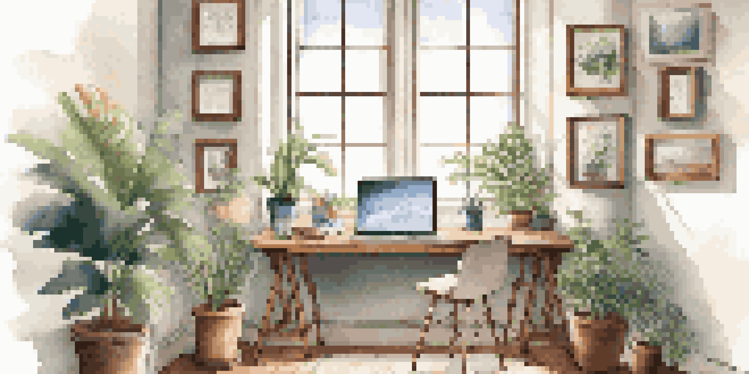 A modern workspace with a laptop, notebook, and potted plant, illuminated by natural light from a large window.