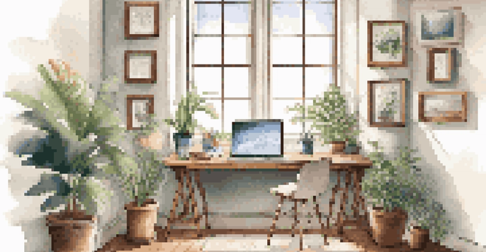 A modern workspace with a laptop, notebook, and potted plant, illuminated by natural light from a large window.