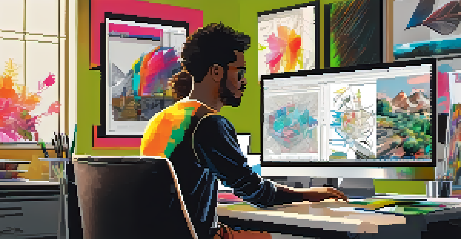 An aspiring graphic designer watching a professional at work in a colorful creative workspace.