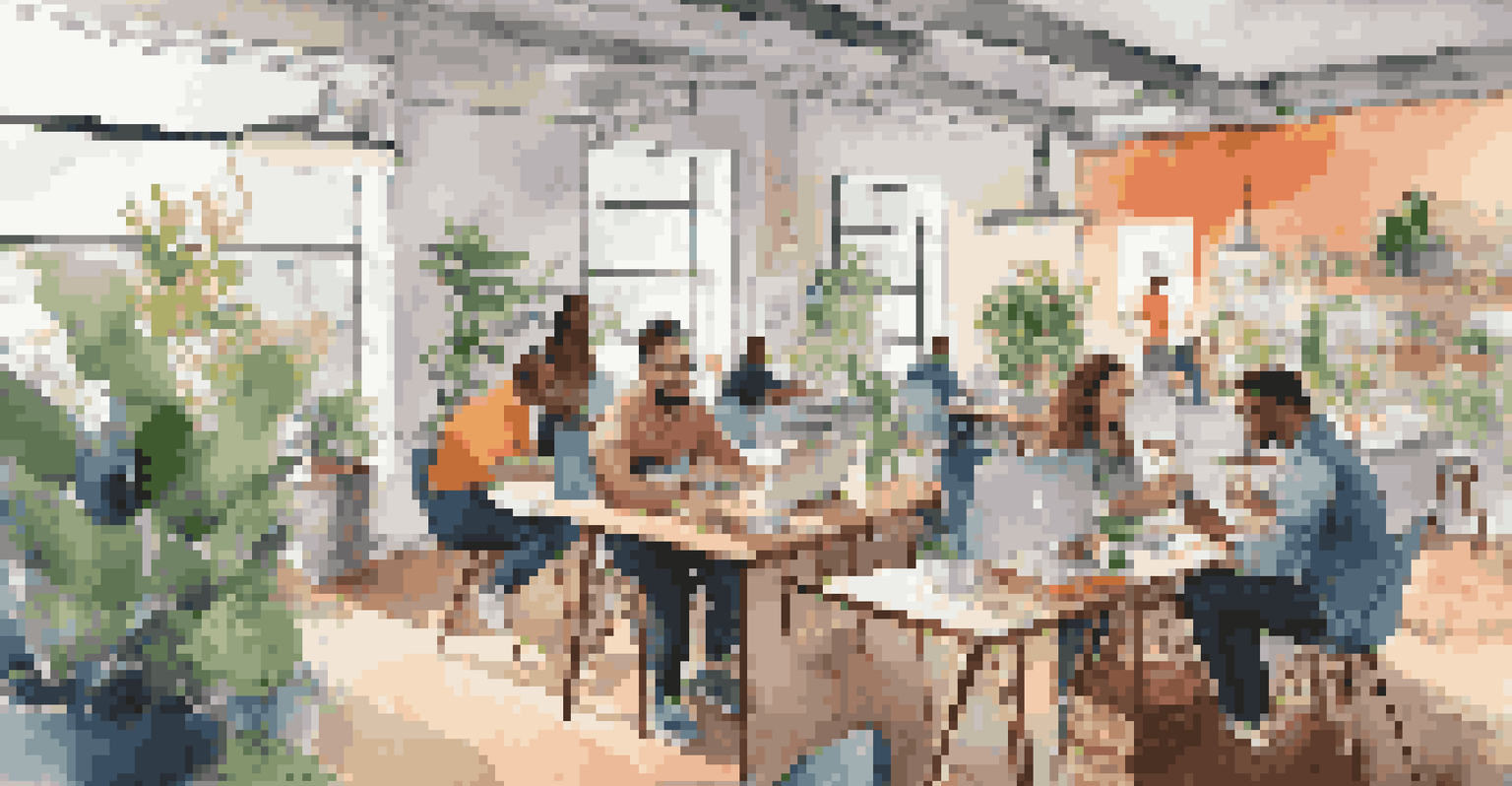 A lively co-working space with freelancers working and collaborating, filled with colorful furniture and plants.
