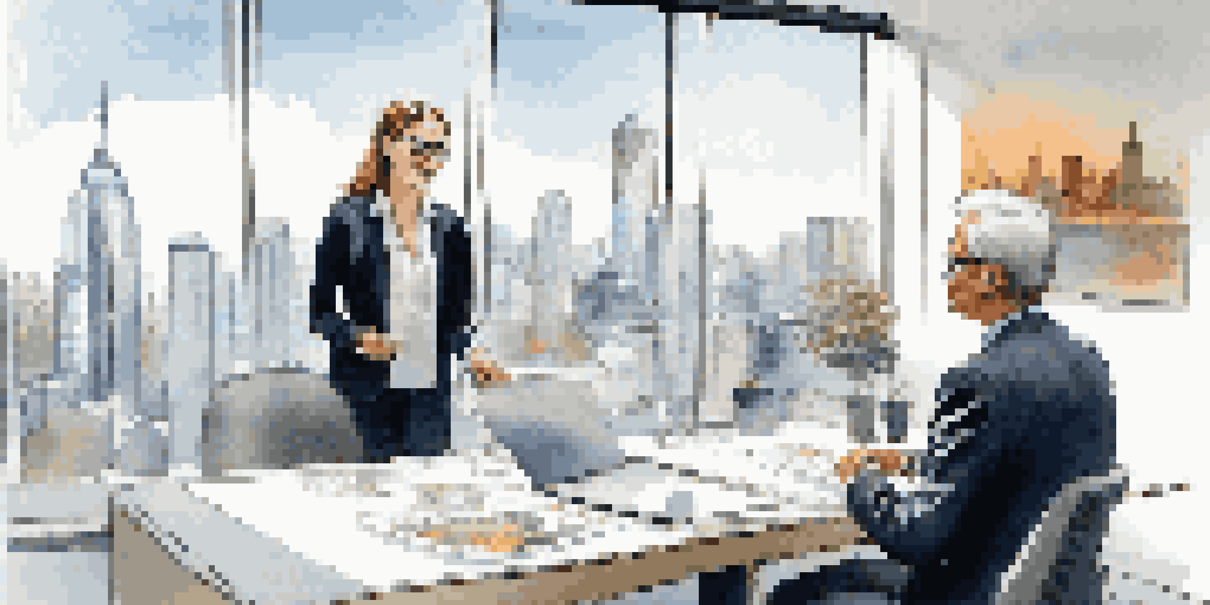 A young intern observes a senior brand manager during a client meeting in a modern office with a city skyline view.