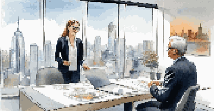 A young intern observes a senior brand manager during a client meeting in a modern office with a city skyline view.