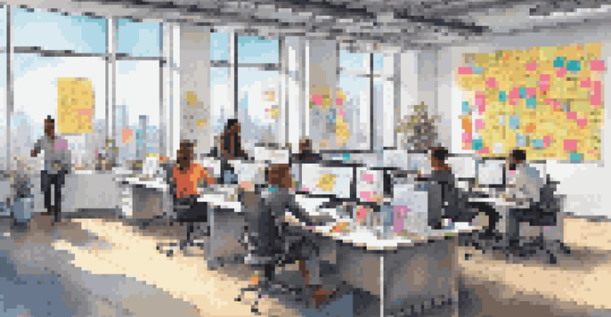 A bright and modern office with team members working together, surrounded by colorful notes and a view of the city.