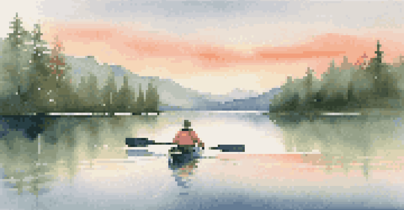 A peaceful mountain landscape at sunrise with a calm lake and a kayaker.