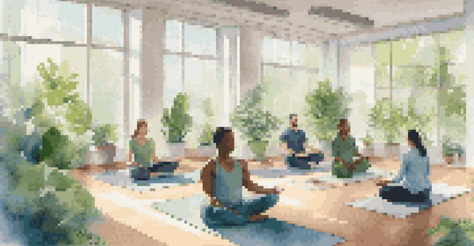 A diverse group of employees practicing mindfulness in a bright office with large windows and plants, promoting a peaceful atmosphere.