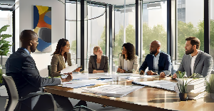 A diverse group of professionals discussing succession planning in a modern office setting, surrounded by charts and documents.
