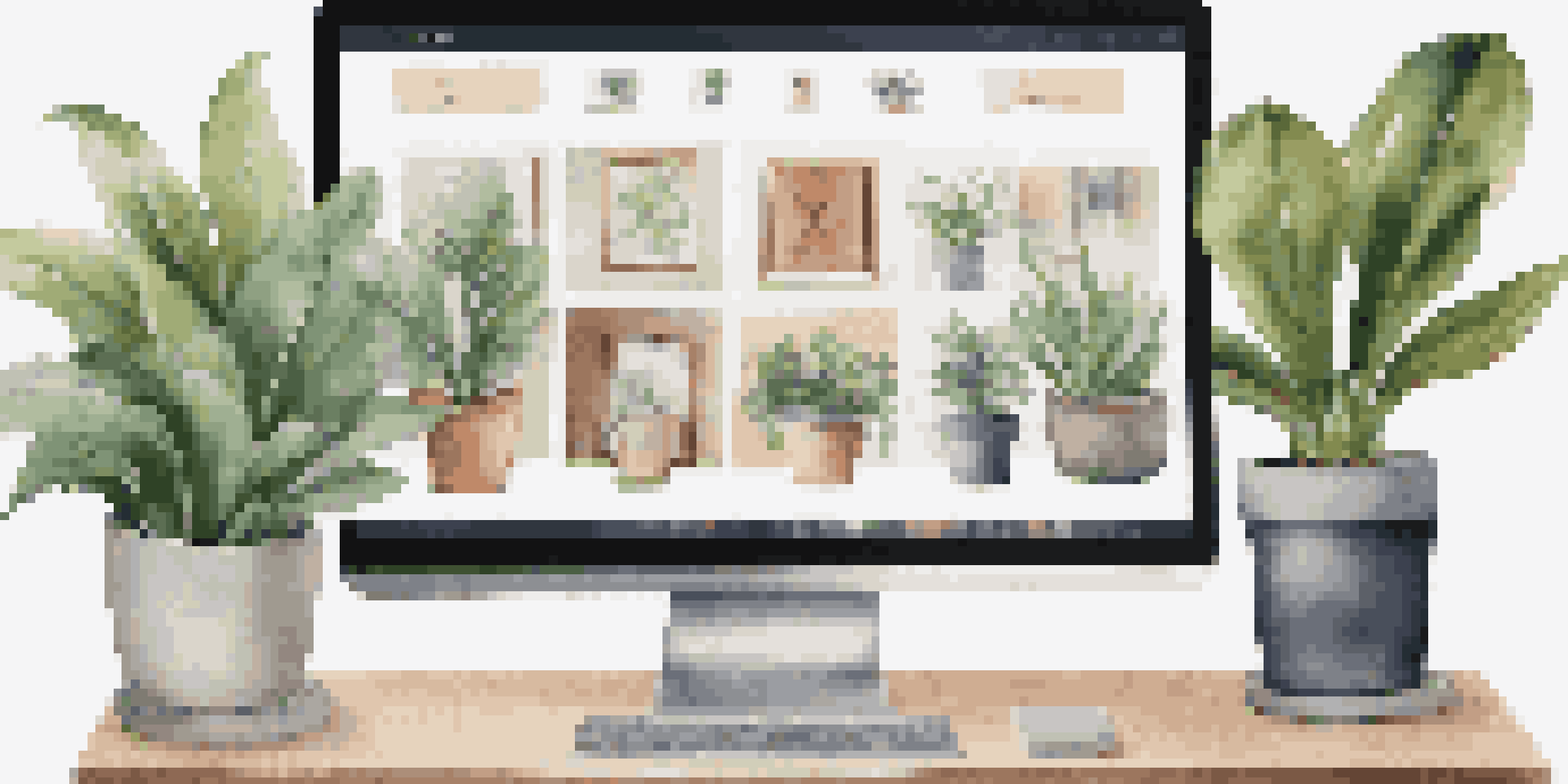 A laptop displaying a colorful digital portfolio with various design projects in a modern workspace.