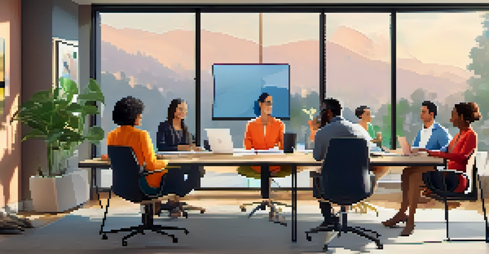 A diverse group of remote workers participating in a virtual meeting, surrounded by a modern home office setting.
