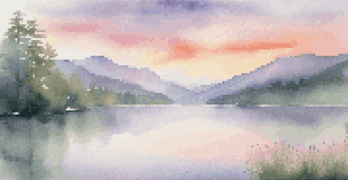 A beautiful sunrise over mountains, with colorful sky reflections on a calm lake surrounded by green trees.