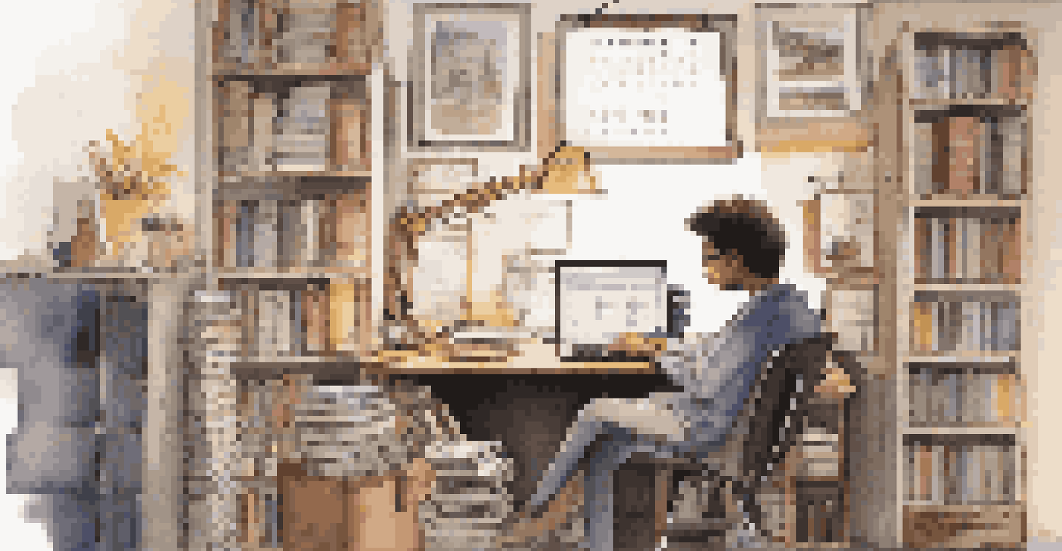 A person learning online at a cluttered desk with books and a laptop, illuminated by a warm desk lamp.